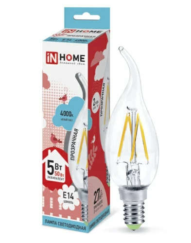 Лампа светодиодная LED-СВЕЧА НА ВЕТРУ-deco 5Вт 230В  Е14 4000К 450Лм прозрачная IN HOME