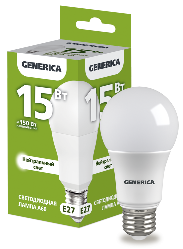 Лампа светодиодная A60 груша 15Вт 230В 4000К E27 GENERICA