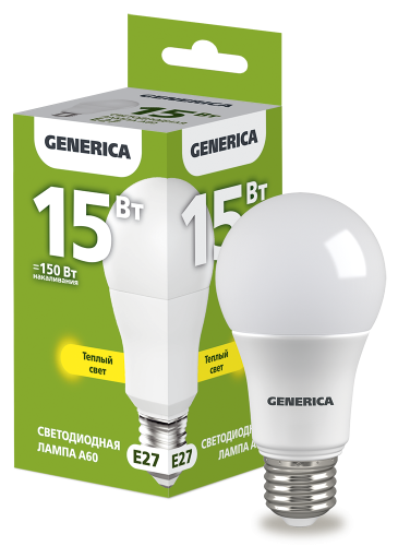 Лампа светодиодная A60 груша 15Вт 230В 3000К E27 GENERICA