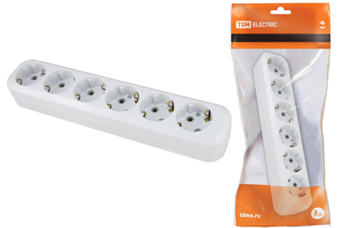 Колодка 6гн. 16А 250В TDM (АБС-пластик,белая,земля)