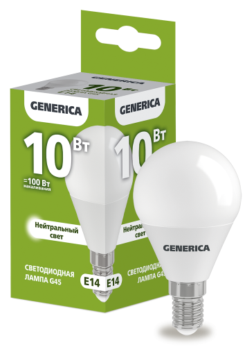 Лампа светодиодная G45 шар 10Вт 230В 4000К E14 GENERICA