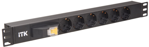 PDU 6 розеток DIN49440 (нем. станд.), с автоматом на 10А, 1U, без шнура, вх. IEC320 C14, алюм черный