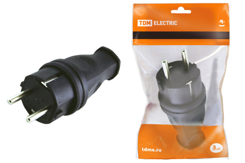 Вилка прямая каучук, 2Р+РЕ, 16А, 250В, IP44, черная TDM